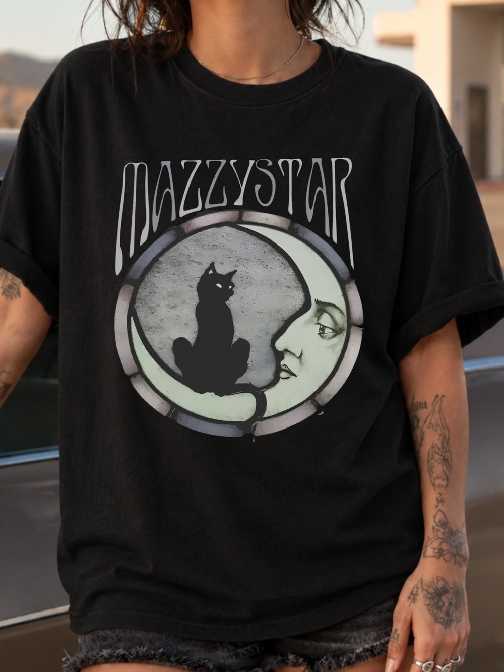 Gildan Black Mazzy Star Moon and Cat Tee, 90s Alt Rock Shirt